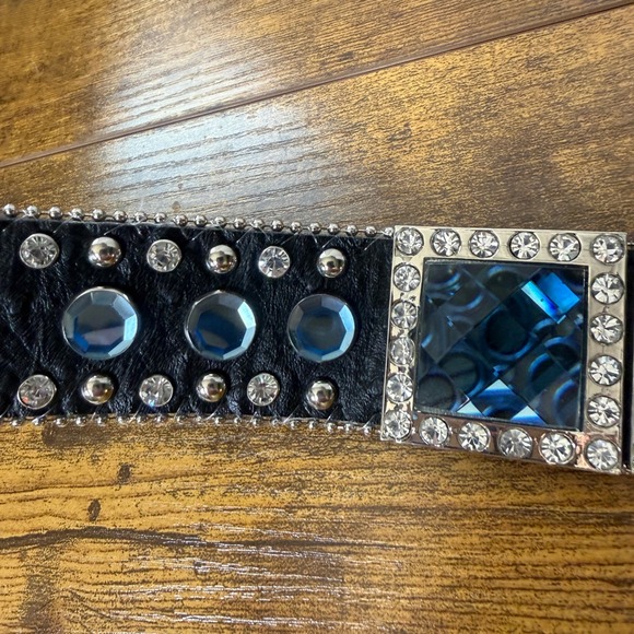 ATLAS Rhinestone Western Bling Belt Size 30-35 Black Embellished Silver Buckle - Picture 13 of 16